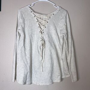 Anthropologie‎ Everleigh Oatmeal Lace Up Back Top Cream Color Women's Small
